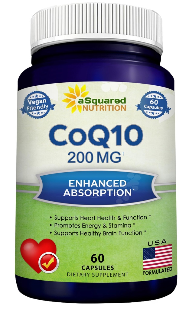 aSquared Nutrition CoQ10 200mg - 60 Kapsułek - CO Q 10 Suplement - Koenzym Q10 Ubichinon Pills - Vegan CoQ- 10 Dodatkowa witamina przeciwutleniająca - Alternatywa dla Softgels & Gummies