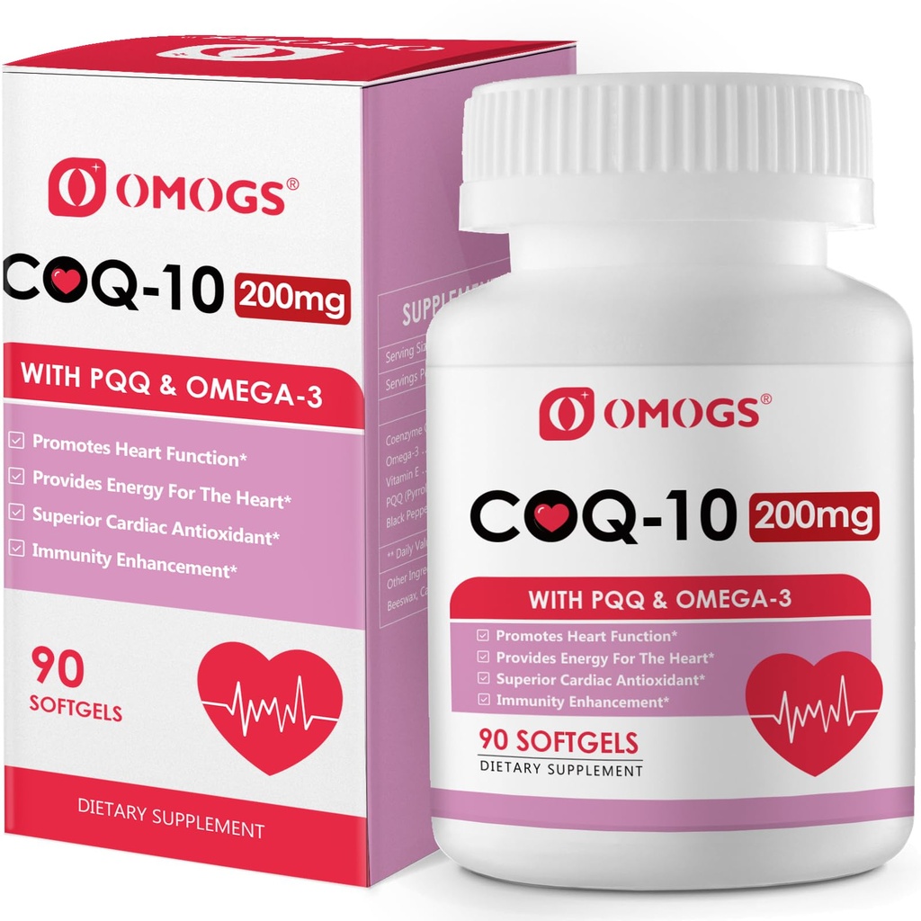 OMOGS CoQ10 200mg Softgels, Koenzym Q10 Wysoka Wchłanianie Suplementy wsparcia Heart Health, Kardioviral Health, Immune System & Cellular Energy Production, Gluten Free, 90 Softgels