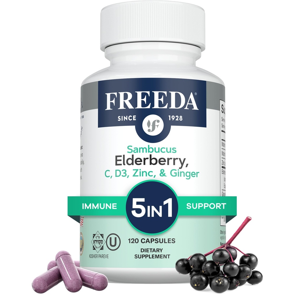 FREEDA Sambucus Elderberry z witaminą C, Cynk, Witamina D3 i Ginger - 5 na 1 Ziołowy przeciwutleniacz immunologiczny suplement dla kobiet i mężczyzn - Gluten Free Adult Elderberry Capsules, USA Made (120 Count)