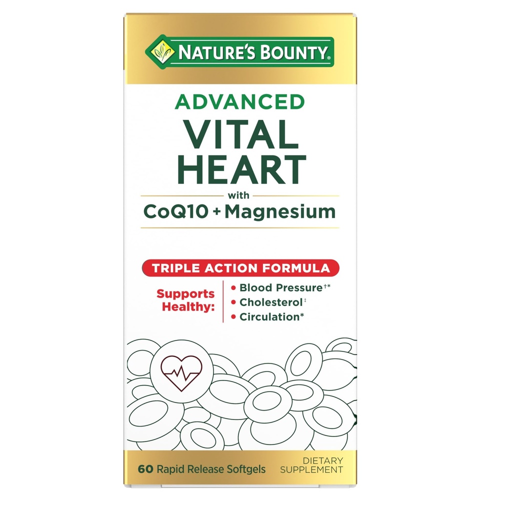 Bounty Bounty Advanced Vital Heart z CoQ10 + Magnez, Przeciwutleniacz, Wspiera zdrowe ciśnienie krwi, Cholesterol, cyrkulacja, Triple Action Formula, CoQ10, Suplement magnezu, 60 Softgels