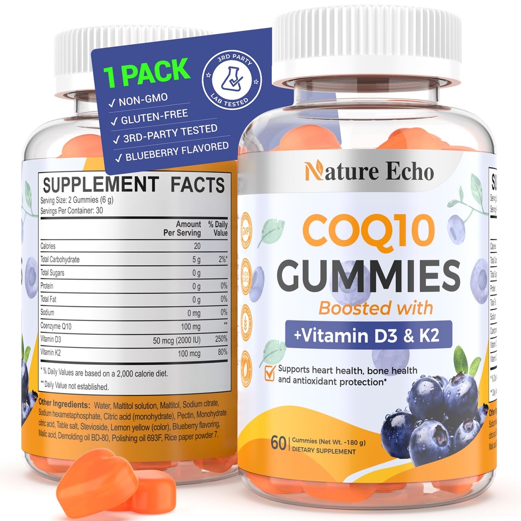 Nature Echo ® CoQ10 Gummies 100mg, CoQ10 Suplement z witaminą D3 & K2, Koenzym Q10 Suplement Blueberry Flavor, Bez cukru, Heart Health, Bone Support & Antioksydant, Wegan, Non-GMO 60 Gummies