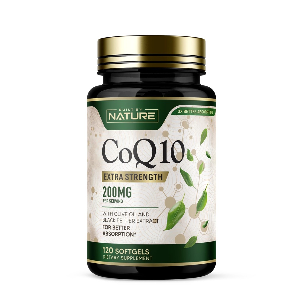 Wybudowany przez Nature CoQ10 200 mg - Koenzym Q10 z Olive Oil i Black Pepper do wysokiej absorpcji - Wspiera Heart Health & Energy - Suplement przeciwutleniający - 2 Miesiąc dostaw, 120 Softgels