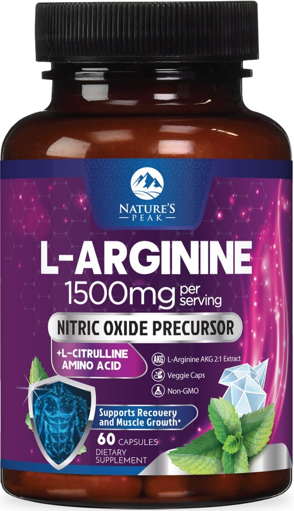 Kompleks L-Arginine - dodatek uzupełniający do tlenku azotu - Premium Energy Blend for Natural Heart Health & Support Muscle - Non-GMO, Made for Men & Women, Butelkowany USA - 60 Kapsułki