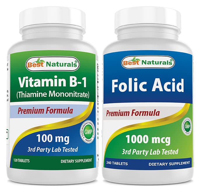 Najlepsi naturalni Witamina B1 jako Tiamina Mononitrat 100 mg & Kwas foliowy 1000 µg