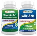Najlepsi naturalni Witamina B1 jako Tiamina Mononitrat 100 mg & Kwas foliowy 1000 µg