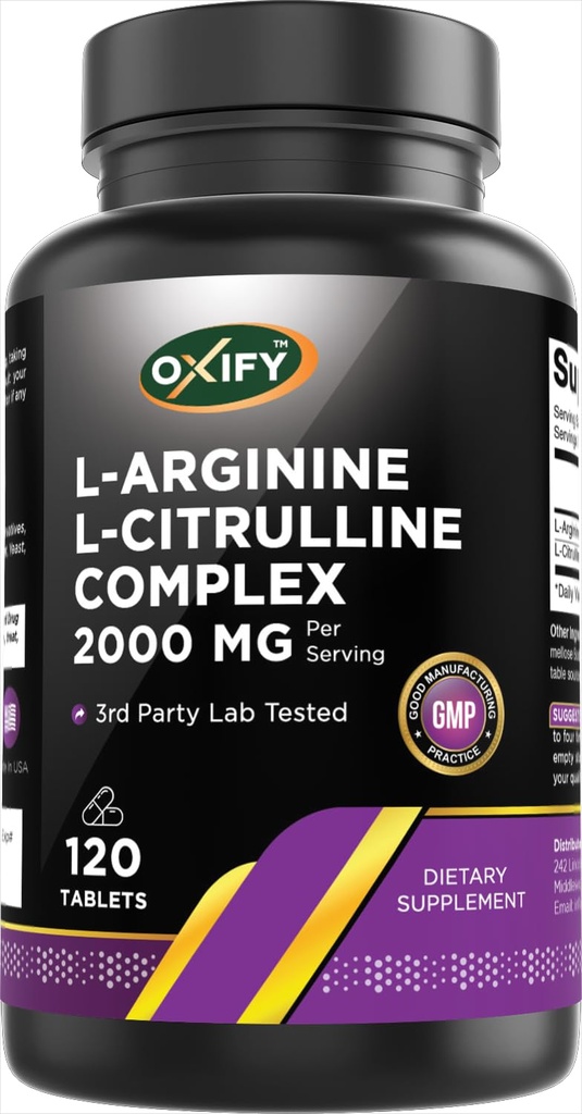 Oxify L- Arginine L- Citrulline Complex 2000 mg Per Serving Bis124; 120 Tablets Bis124; Gluten- Free, Non-GMO Bis124; Suplement Made in USA