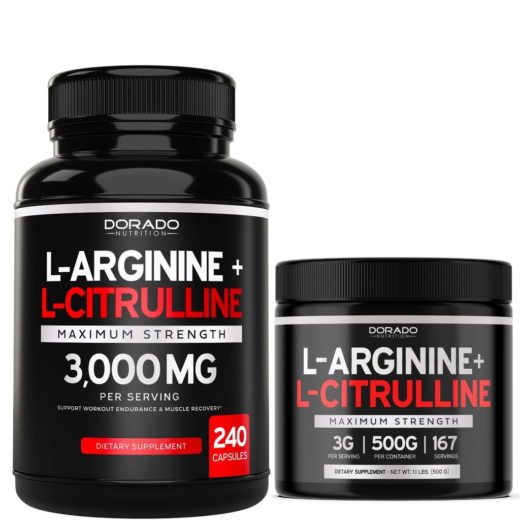 L Arginina L Citruline (240 Hrabia) - Nitric Oxide Pill for Stamina & Endurance and L Arginina L Citruline Powder (3 g) - Nitric Oxide Booster Powder for Performance & Endurance - Vegan & USA Made
