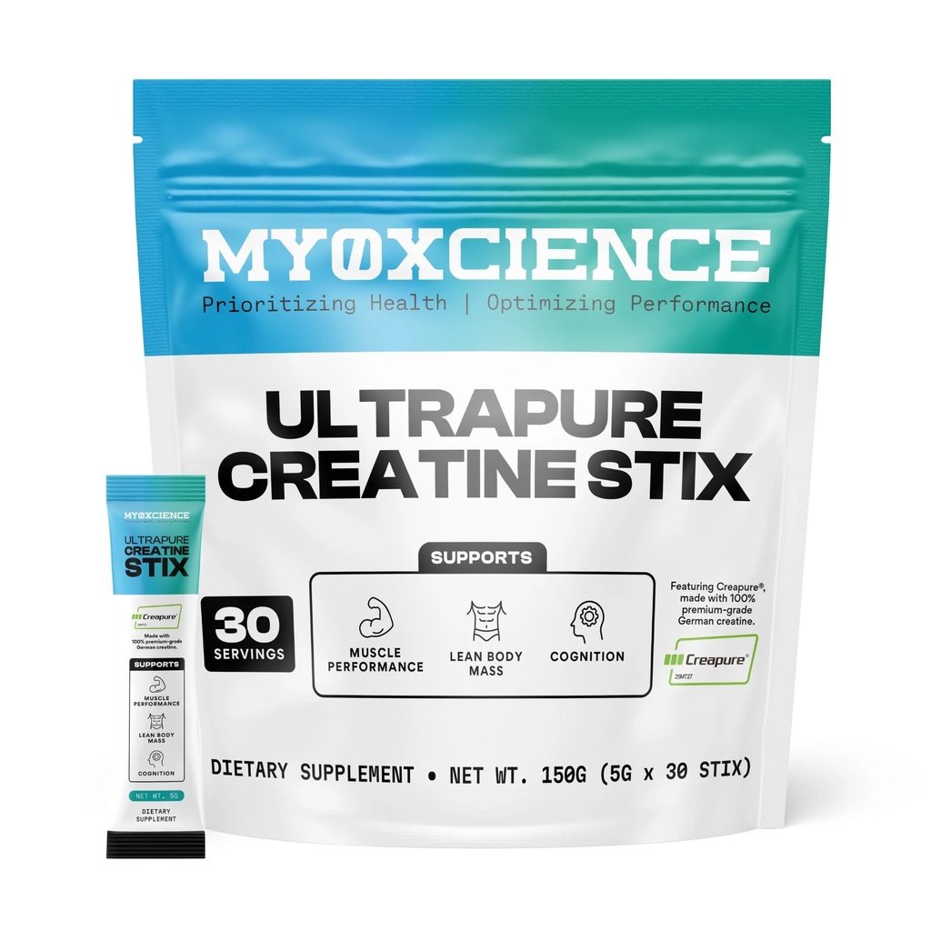 MyoXCIENCE Creapure ® Stix kreatryny 124; 5 Gramy niemieckiego jednowodzianu kreatryny Per Stick Pack 124; Wspomaga sprawność mięśni, Lean Body Mass, & Coglivement 124; 30 Jednoporcjowy Stix