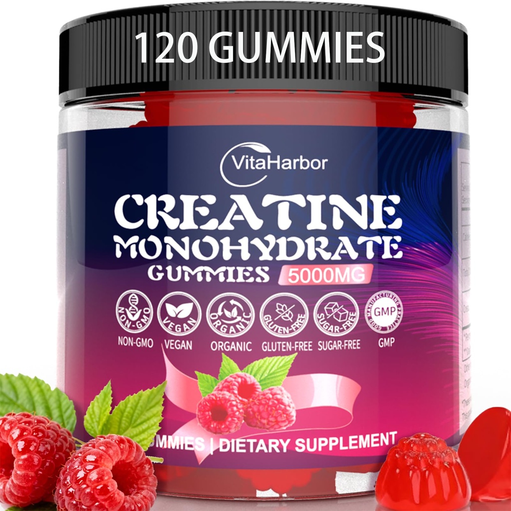 Jednowodzian Gummie kreatynowe 5000mg dla mężczyzn i kobiet, Organic Pure Gummies kreatynowe 124; Cukier wolny, Wegan, Non-GMO, Malina Flavor, 120 Count