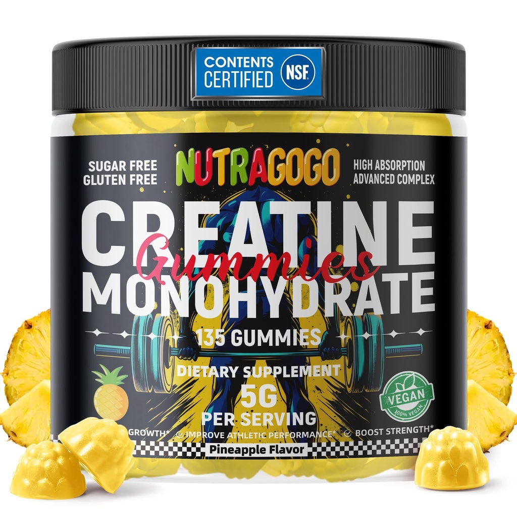 Gummy NSF Certified Creatine - Jednowodne gumki dla mężczyzn i kobiet - 5g Jednowodzianu kreatynowego na serwowanie - Bez cukru, Wegan, Ananasowe Żaby Elektrolitowe, 135