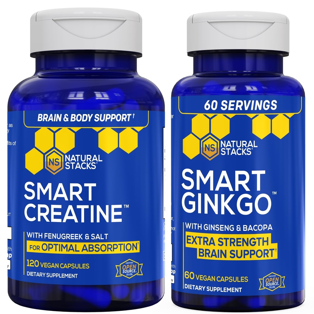 NATURAL STACKS Ginkgo Biloba + Monowodzian Kreatyny - Advanced Absorption Formula * - Extra Siła Wsparcie mózgu * - 180 Kapsułki