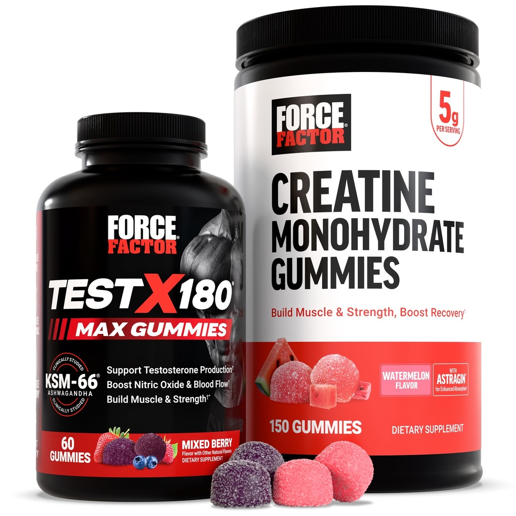 Aktywny zespół czynnikowy: Test X180 Max T- Booster (60 Mieszanych Gummies Berry) i Monowodny Kreatynowy 5g (150 Gummies arbuzowych)