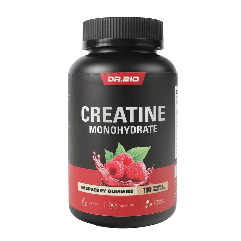 DR.BIO Kreatywna jednowodzian Gummie dla energii i wsparcia mięśni, Pre- Workout Complex Creatyne dla kobiet i mężczyzn z 5000mg Kreatyna, L- Tauryna, B12, Mg i K, Wegan, Czerwona Malina, 110 Hrabia