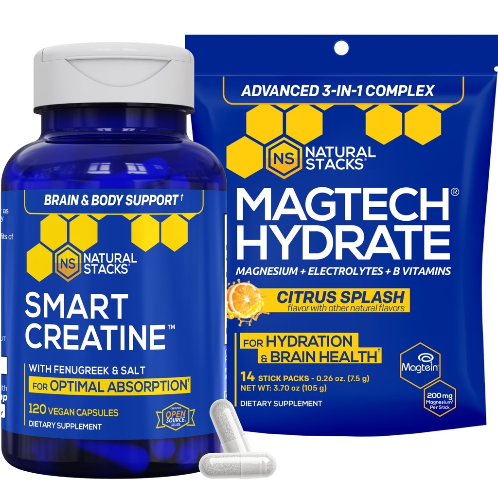 NATURAL STAKS Kreatyna Monhydrat & Magtech Hydrate Bundle - 2500mg Creature + 200mg Elemental Magnezu Per Serving - Wspomaga nawadnianie, zdrowie i wytrzymałość mózgu - 44 całkowite służby