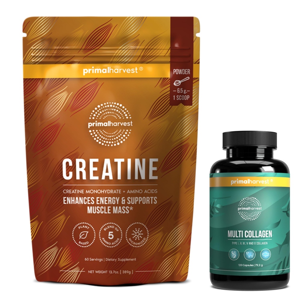 Primal Creatine Powder + Primal Multi Collagen Kapsułki Pack Pack 124; Support Strength, Recovery, Joint & Skin Health