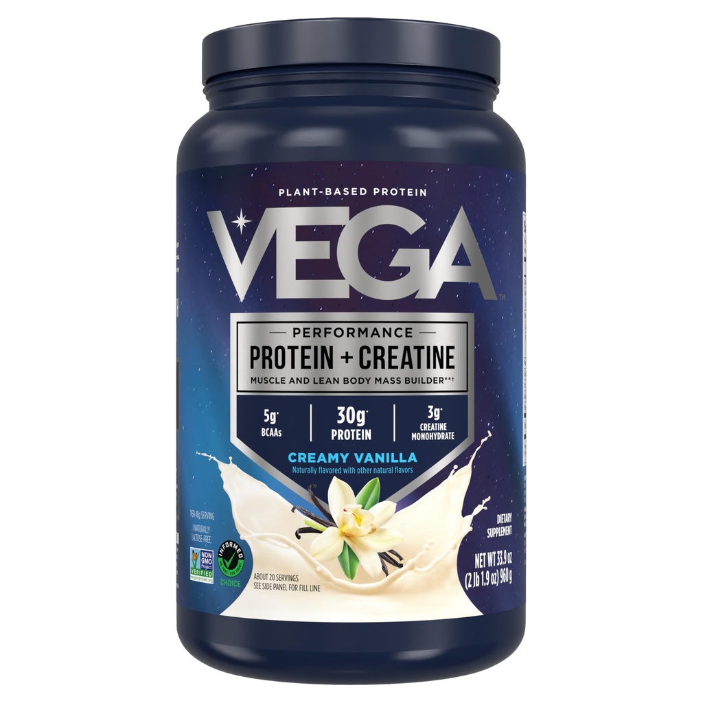 Vega Białko + Kreatyna - 30g Białko oparte na plantacji, Wanilia, 20 Sługi, 3g Kreatyna, 5g BCAA, Wegan, Keto, Gluten Free, Wolny od mleka, Niskie węglowodany, do wzrostu i naprawy mięśni, Drink Mix, 33.9oz
