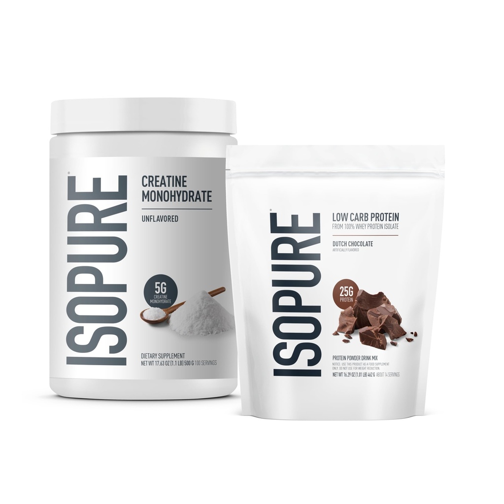 Izopura Paleta Niskiego Węgla 100% Pure Whey Izolate Protein Powder, Czekolada holenderska, 25 g Białko na Podawanie, 1 Lb, 15 Służenie + Izopura 100% Czysty Proszek Monowodny Kreatyny, 100 Służenie