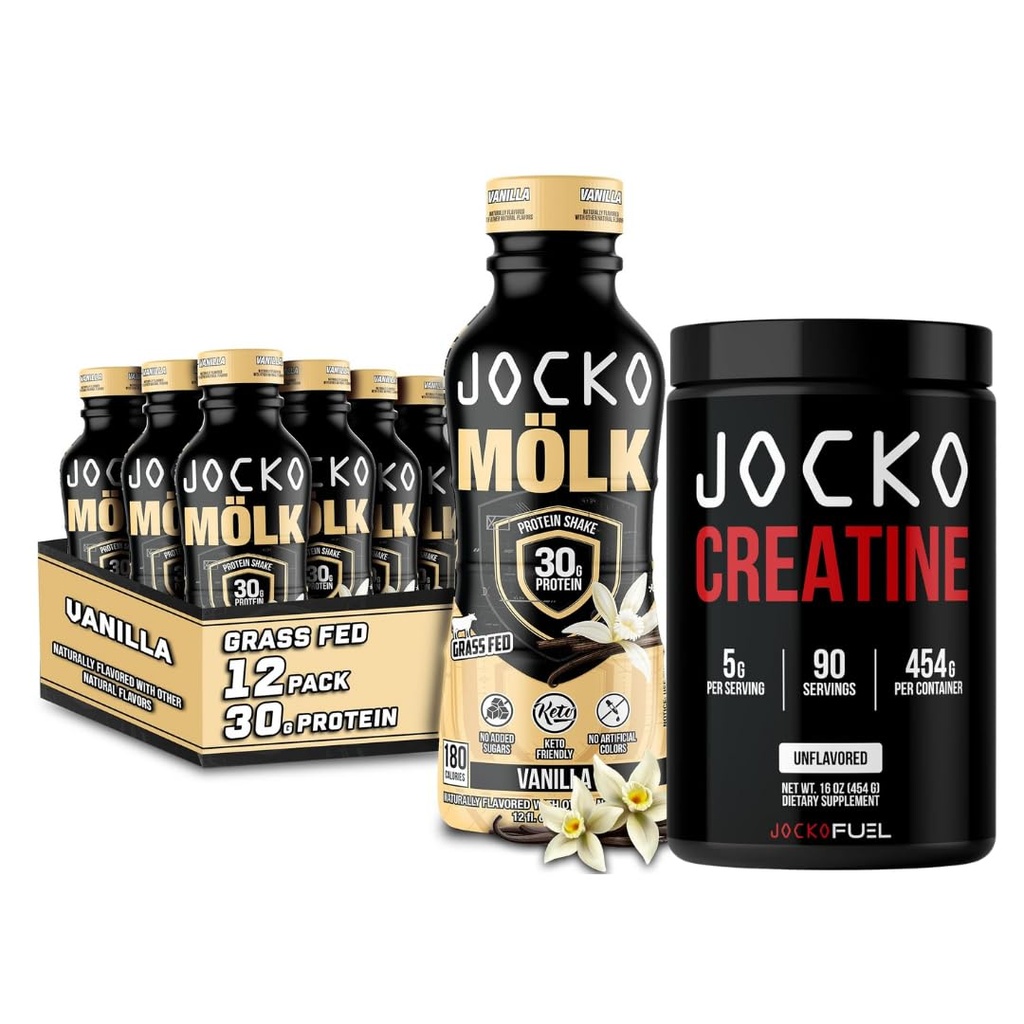 Jocko Mölk Grass Fed Protein Shakes - Gotowy do picia (opakowanie 12) Vanilla + Jocko Creatine