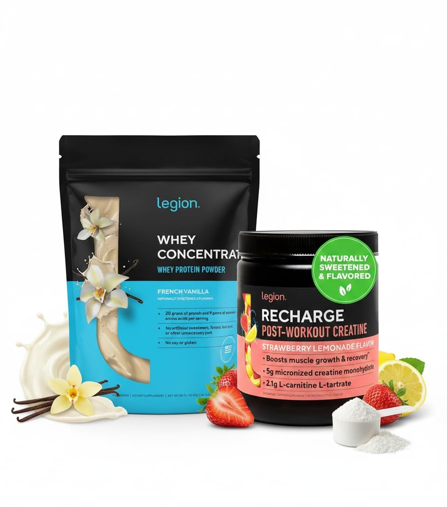 LEGION post Workout Recovery Stack - Recharge Creature Post Workout Drink (Truskawka Lemoniada) + Proszek białka serwatki (Vanilla) - Wzrost mięśni, Siła i Wsparcie Odzyskiwania - 30 Służenia Każdy