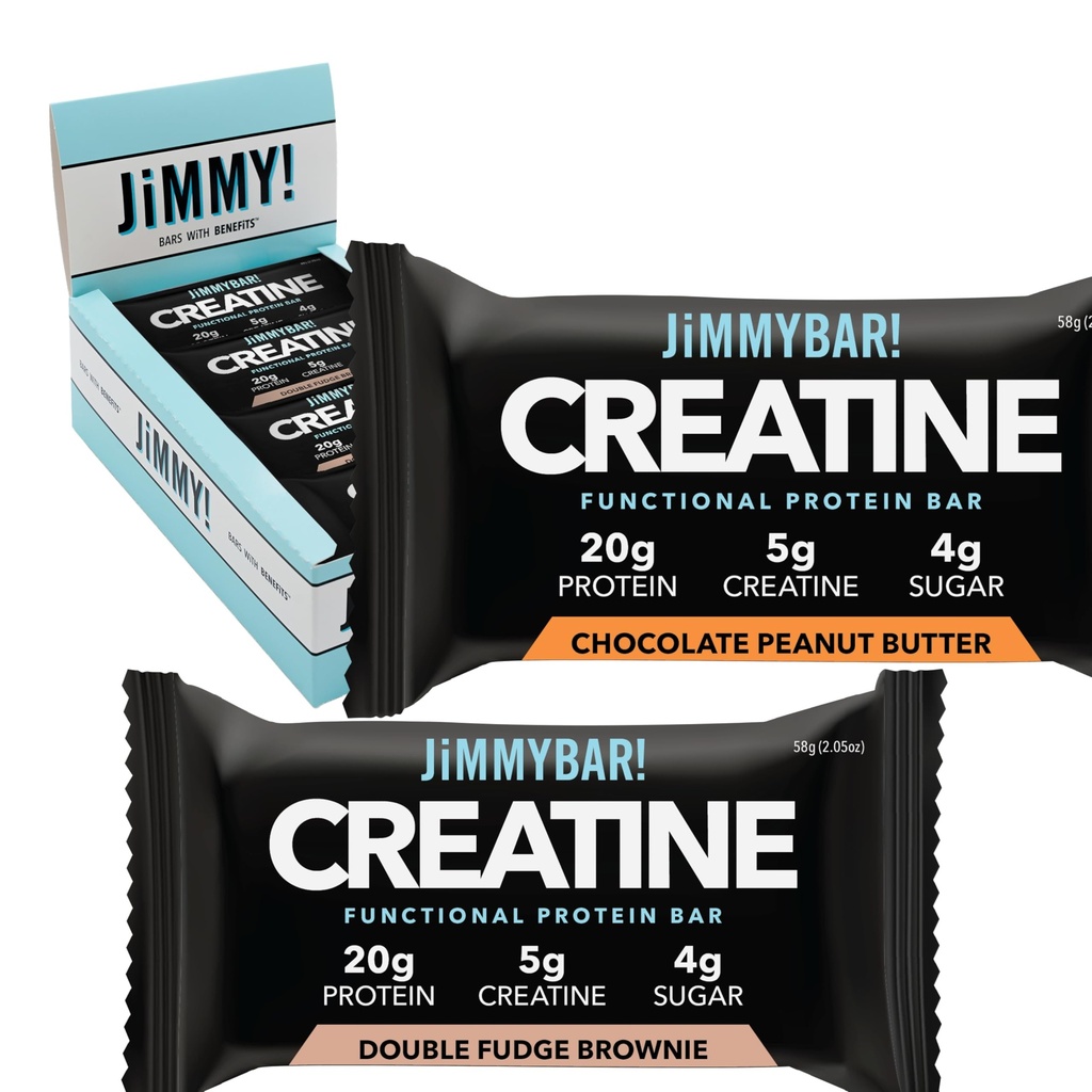 JiMMYBAR! Kreatywny bar proteinowy - 5g monohydratu kreatynowego + 20g białka - Wysokie białko przekąski - wspiera wzrost mięśni, siłę i odzysk - Real Food Energy Bar dla sportowców 124; 6 Czekoladowy masło orzechowe + 6 Fudge Brownie Variety Pack (12 barów)