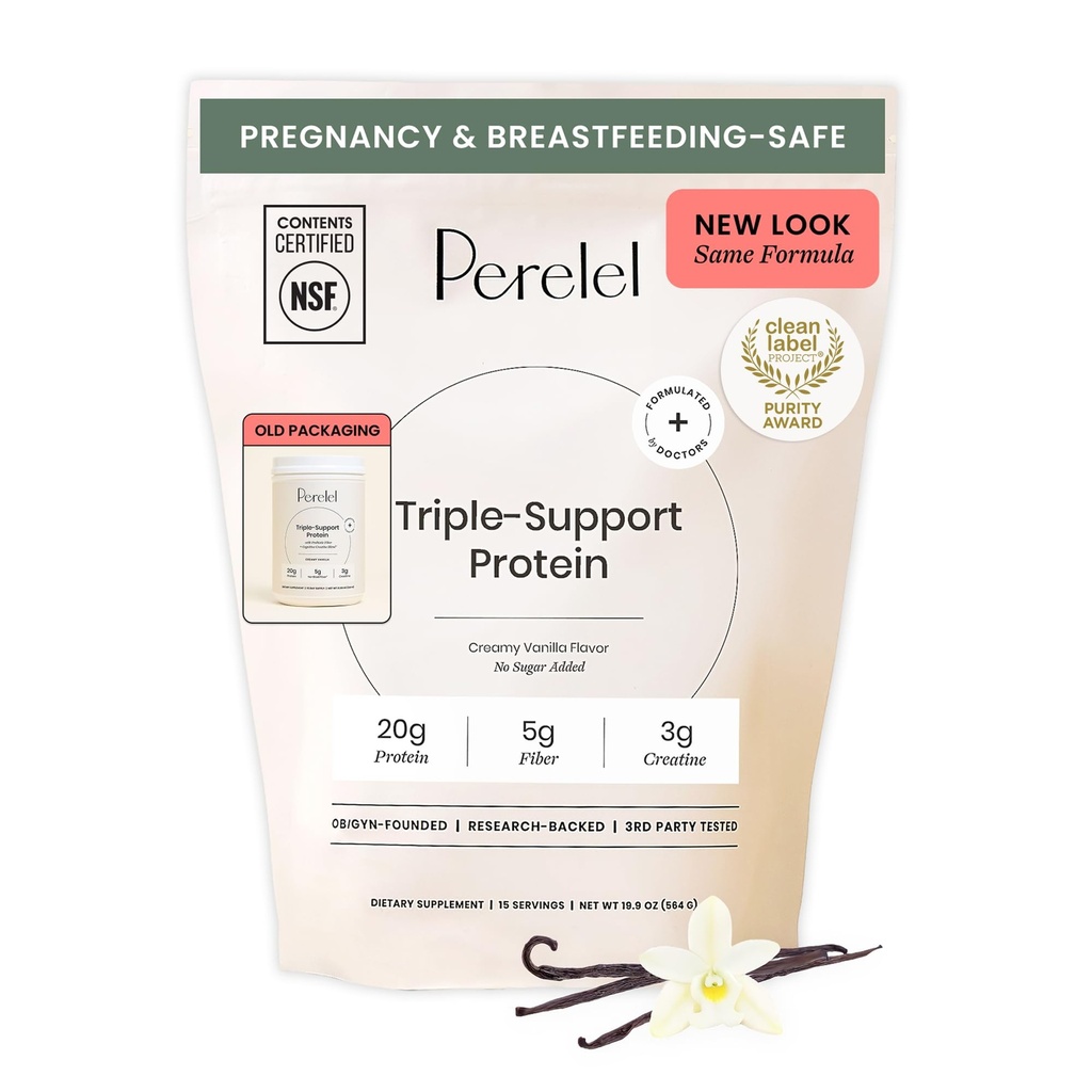 Perelel Triple- Support Plant Based Protein Powder, Creamy Vanilla, 20g Vegan Protein Powder, 3g Monohydrat kreatora, i 5g Prebiotic Fiber per Serving, Dairy Free, No Sugar Added, 15 Day Supply