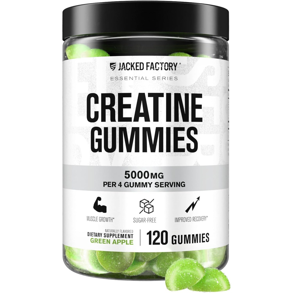 Jacked Factory Sugar Free Creastine Gummies - 5g Daily Dose (1,25g per Gummy) - Stworzenie Gummy Sugar Free for Men and Wolne dla kobiet, Wegan- Friendly, Third-Party Tested - 120 Gummies, Green Apple