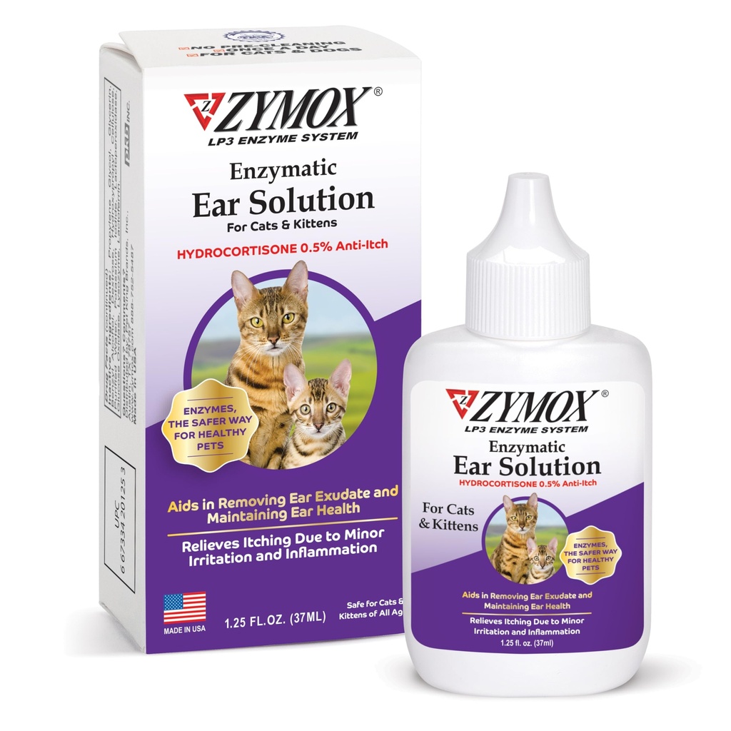 Zymox Enzymatic Ear Solution z 0,5% Hydrokortyzonem dla kotów i kociaków, 1.25 oz. - Czyści i odświeża Kanał ucha dla ulgi od wosku, Brud Buildup, Swędzenie, Rozdrażnienie, Zapalenie i zaczerwienienie