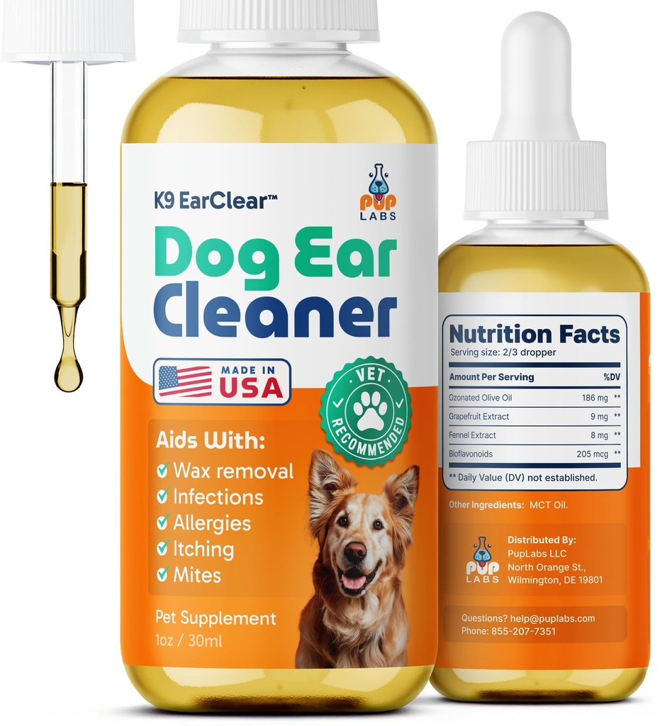 Pup Labs Ear Clear, Natural Dog Ear Cleaner and Infection Treatment for Dogs, Dog Drops for Sartching, Irritation, & Wax Build- Up, 1 Oz butelka z kroplomierzem