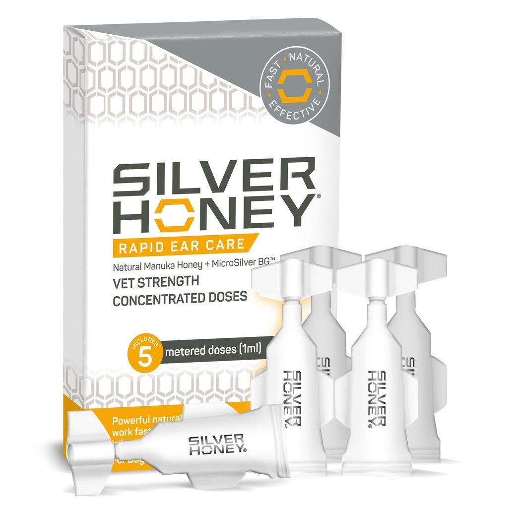 Absorbine Srebrny Miód Rapid Ear Care Vet Siła skoncentrowane dawki, 5 Krople ucha na 10 dni na 1 Ur dla psów i kotów, Medyczna klasa Manuka Miód i MicroSilver BG