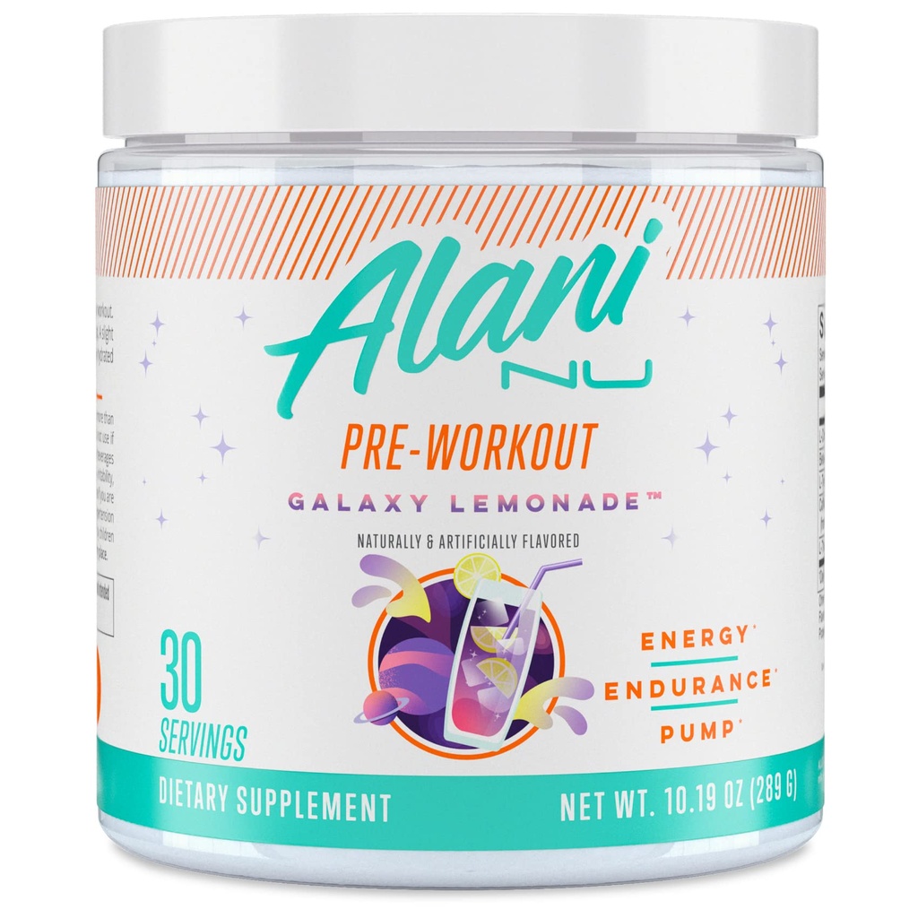 Alani Nu Pre Workout Proszek GLAXAY Lemoniada, Amino Energy Boost, Endurance Supplement, Cukier wolny, 200mg kofeiny, L- Theanine, Beta- Alanina, L- Cytrulina, 30 Służenie