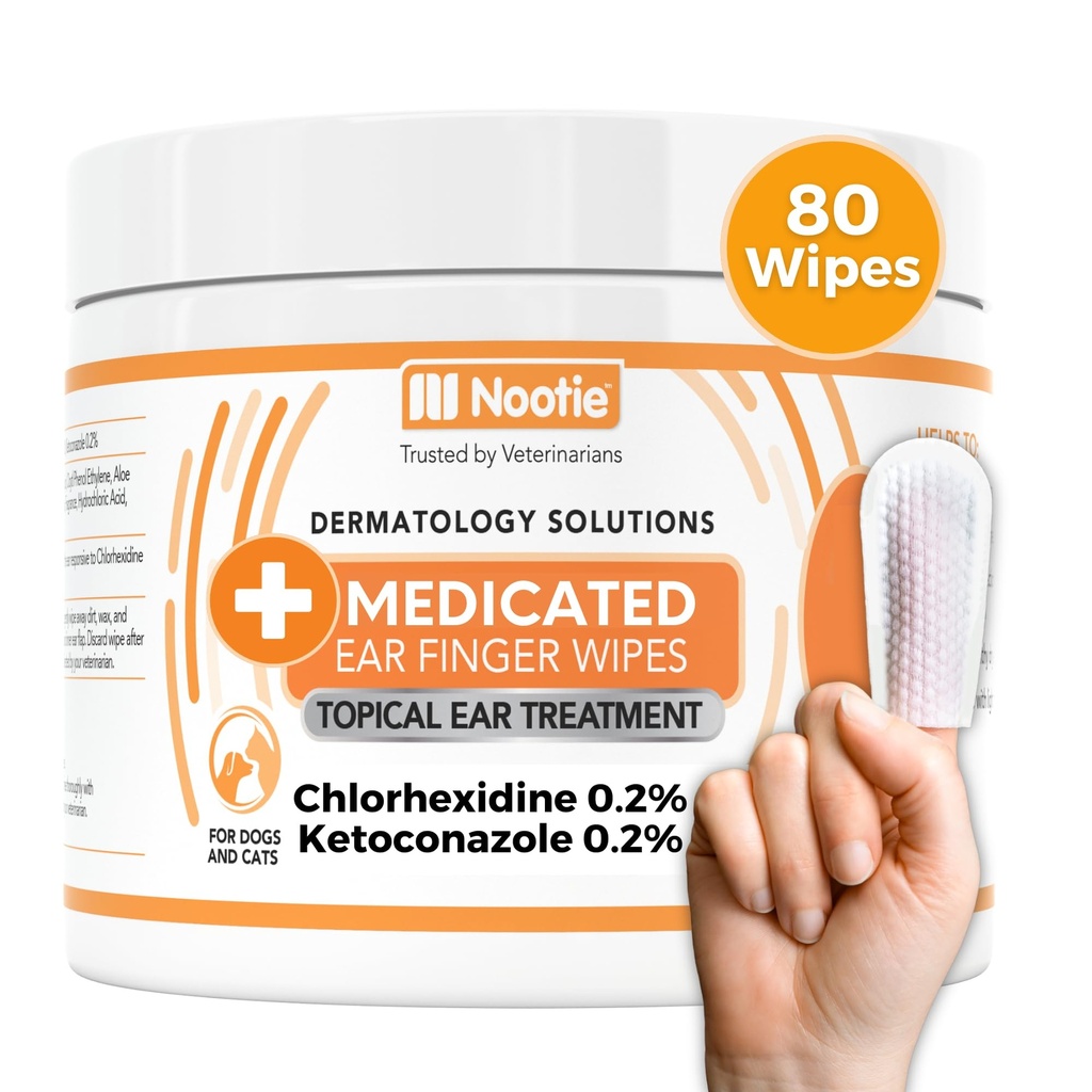 Nootie Medicated Ear Finger Wipes z chlorheksidyną dla psów, Delikatny pies Ear Cleaning Wipes dla swędzi, Wrażliwe Uszy - Pomaga usunąć wosk, Brud Buildup, & Odor 80 Wipes - Made in USA