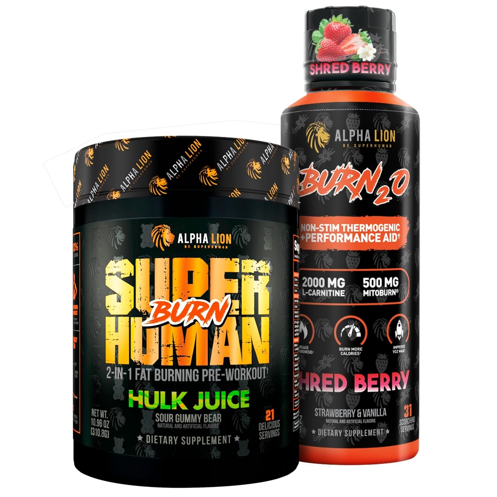 ALPHA LION Stubborn Fat Loss Stack - Superman Burn pre Workout + Burn2O Liquid L- Carnitine 2000mg (ShredBerry) - 2- in-1 Termogeniczne spalanie tłuszczu Stack dla mężczyzn i kobiet
