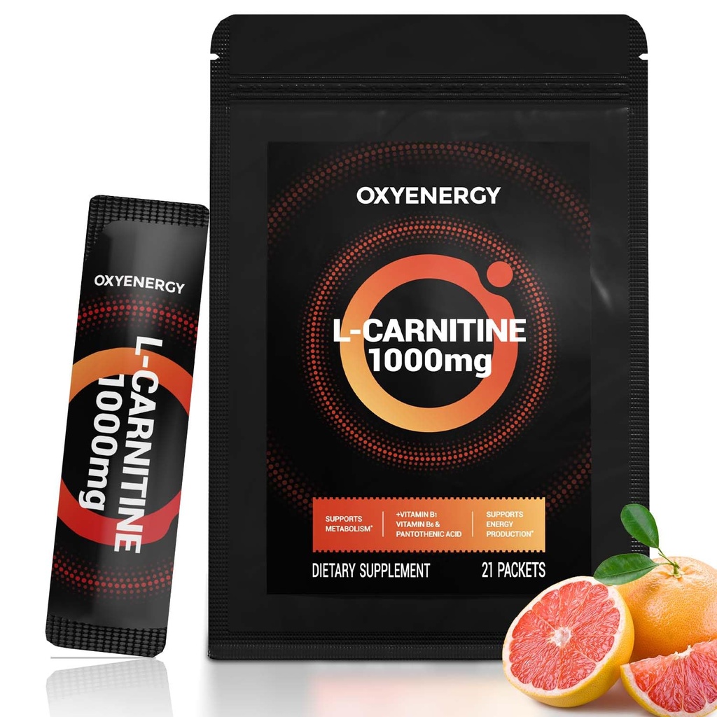 Tlen Energy Liquid L- Carnitine Supplement 1000mg - Delikatny do codziennego użytku, Zero Calorie, Bez cukru, Bezstymulacyjne tłuszcz Burning & Endurance Booster, 21 On- the- Indywidualne kleszcze płynne
