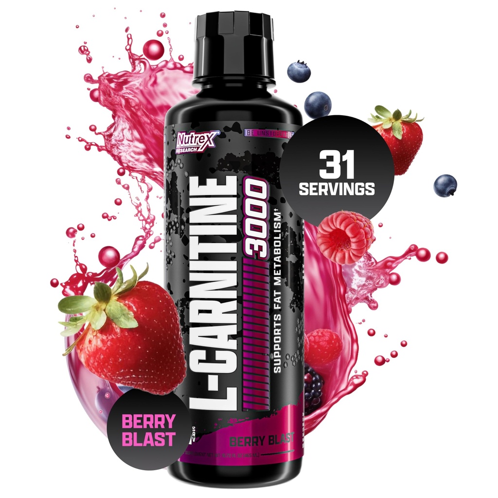 Nutrex Research L- Carnitine 3000 (31 Servings, Berry Blast) Research 124; Liquid Shots, Stymulant wolny 124; Wspomaga odzysk mięśni dla mężczyzn i kobiet