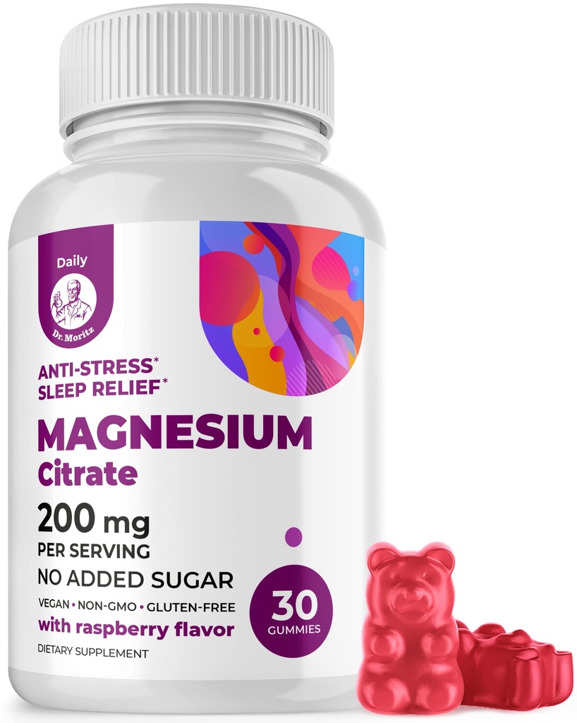 DR. MORITZ Magnezu Gummies Citrate dla dorosłych - Bezcukrowe Gummeje Magnezu - Wspiera Kardiologiczne Zdrowie - Smak malinowy - Non-GMO, 200 mg (30 Count)