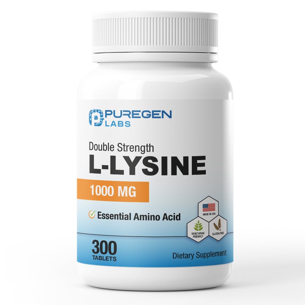 Puregen Labs L-Lysine Extra Strength 1000 MG per Tablet - 300 Servings | High Potency, Immune and Collagen Synthesis Support, Non-GMO, NO Gluten and Dairy - 300 Tablets