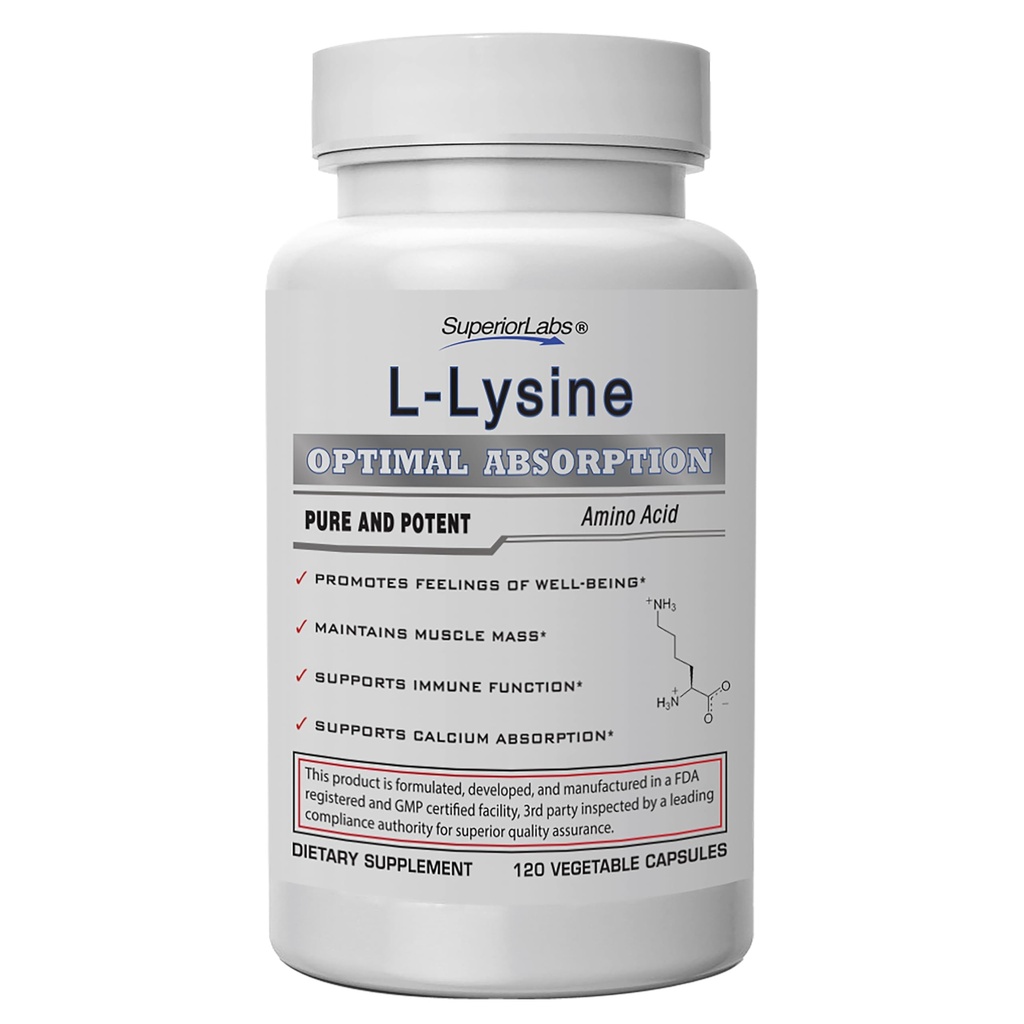 Superior Labs L- Lysine 500 mg kapsułki, Pure Non-GMO, Third- Party Tested, No Fillers, Gluten Free, Wspomaga system immunologiczny, Promotes Wchłanianie wapnia, 120 Czapki