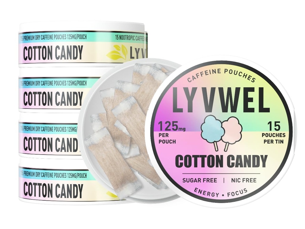 LyvWel 125mg Kofeina Pouches Energy - Czysta energia z Guarana for Focus & Stamina - 5- Pack (75 Total Pouches) (5 Pack, Bawełna Candy)