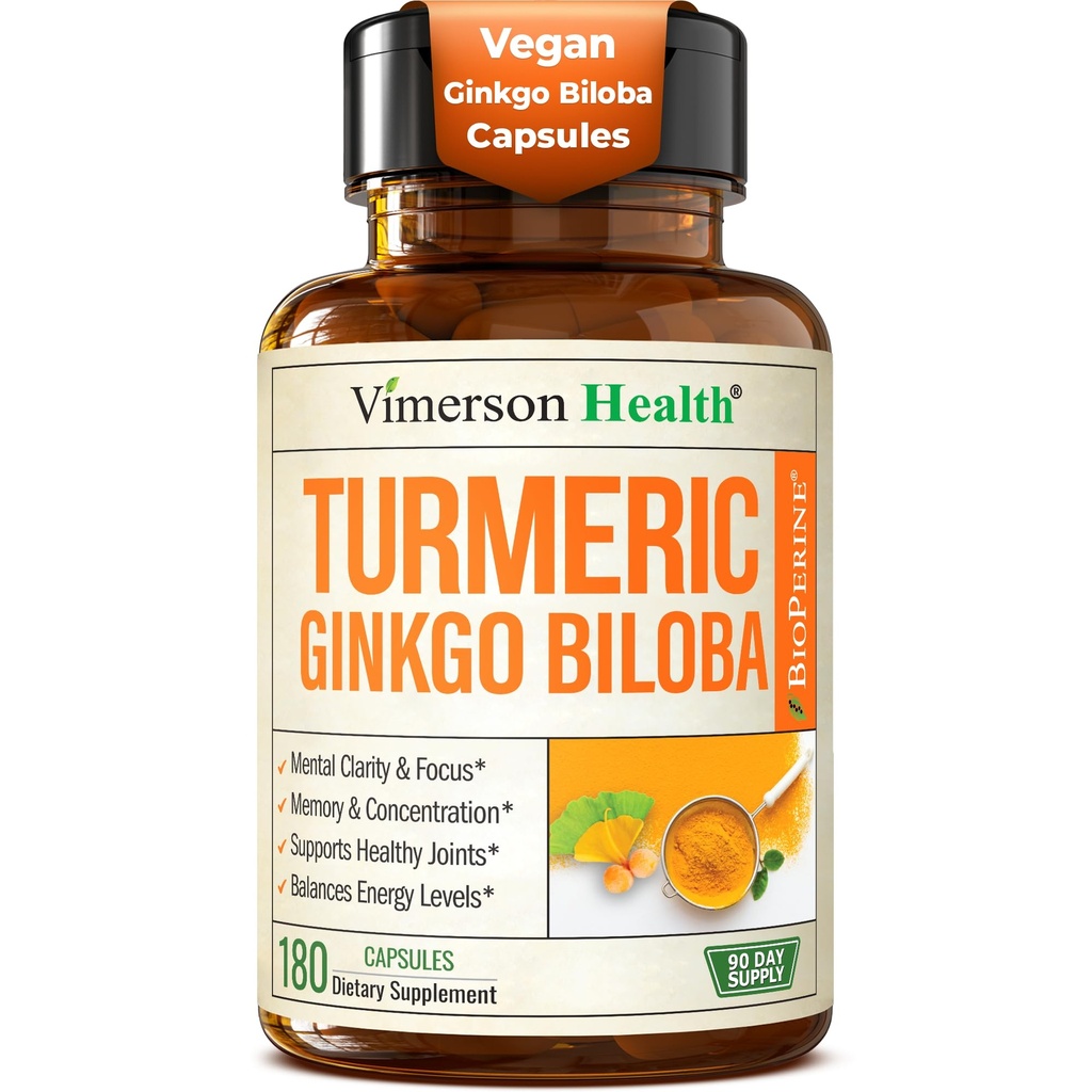 Ginkgo Biloba Suplement z kurkuminą turmerową i papryką czarną do wysokiej absorpcji - Ginko Biloba Kapsułki z Curcuma for Focus, Wsparcie pamięci, Joint & Brain Health - NonGMO - 180 Kapsułki wegańskie