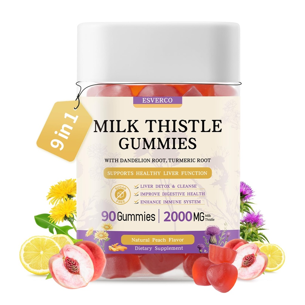 Milk Thistle Gummies with 2000MG Extract, Liver Health Support Gummies, Silymarin Milk Thistle Supplement with Artichoke, Dandelion, Turmeric Curcumin, No Sugar, for Adults, Vegan, 90 Count