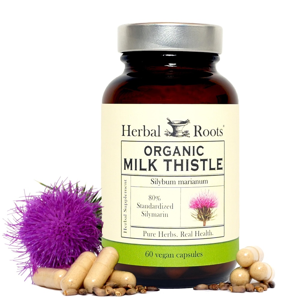 Herbal Roots Milk Thistle Capsules | Extra Strength 80% Silymarin Herbal Supplement | Made with Pure Organic Milk Thistle | Vegan and GMO Free