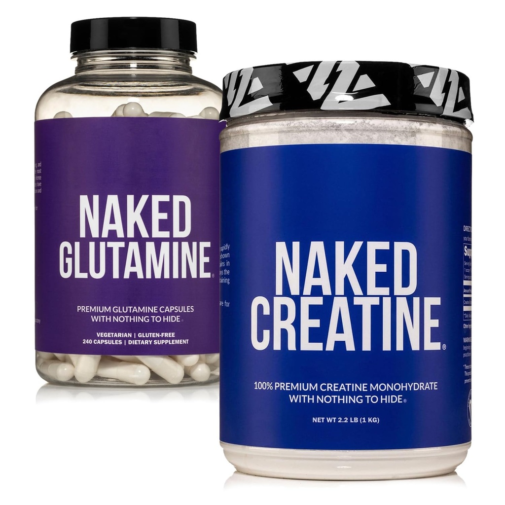 NAKED Pure Mikronized Creature Monhydrate 200 Służenia + Pure L- Glutamine 240 Kapsułki Bundle: Wegan, Non-GMO, Gluten Free. Minimalizacja rozpadu mięśni i poprawić syntezę protein. Nic sztucznego