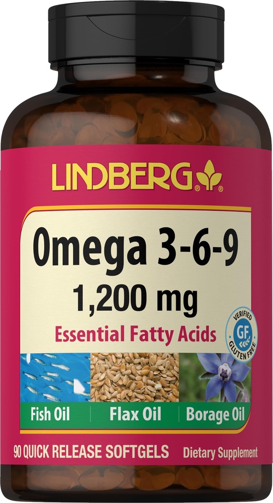 Lindberg Omega 3 6 9 Suplementy 124; 1200mg XI124; 90 Softgels XI124; Esential Fatty Acids XI124; z Rybami, Flax i Olejem Borage 124; Non-GMO, Gluten Free