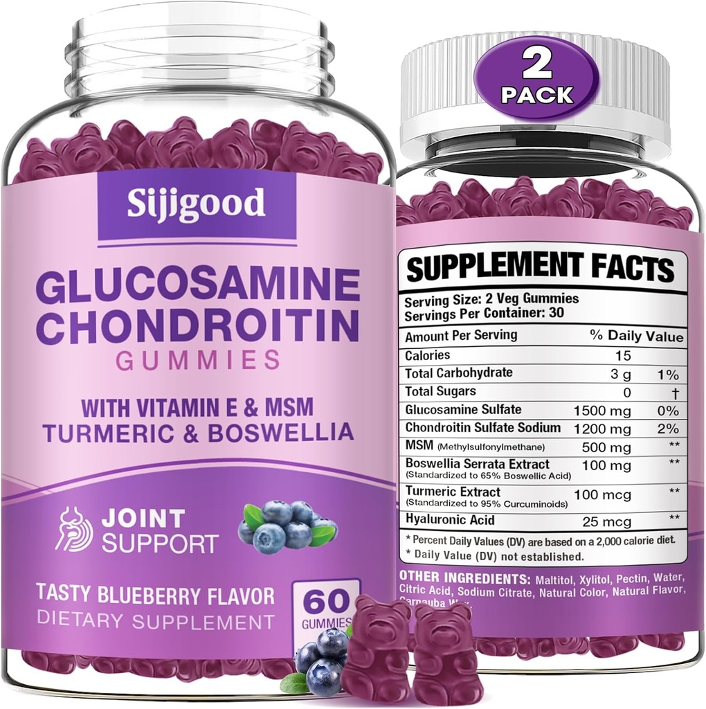 2 Pack Glukozamina Gummie Chondroitin, Dodatkowa siła Glukozamina Chondroitin SM z Elderberry & Turmeric, Joint Health, Elastyczność, Przeciwutleniacz, Immune for Adults- Blueberry Flavored, 120 Gummies