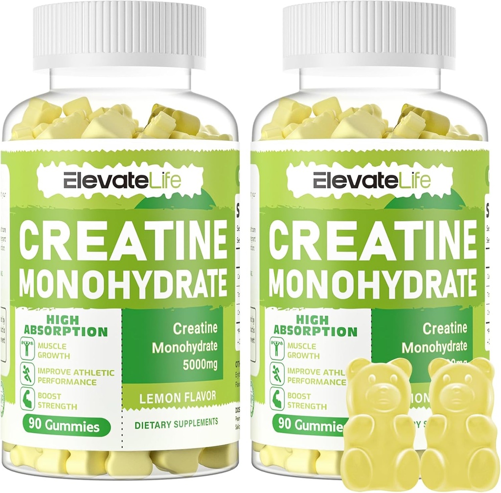 ElevateLife Creature Monohydrate Gummies 5g dla mężczyzn Kobiety - Sugar Free Chewable Supplement. 180 gumek cytryny