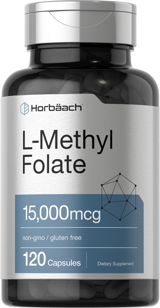 Horbäach L Methylfolate 15000 mcg < 124; 120 Kapsułek < 124; 15mg < Methylfolate > 124; 5- MTHF < 124; Non- GMO ≤ Gluten