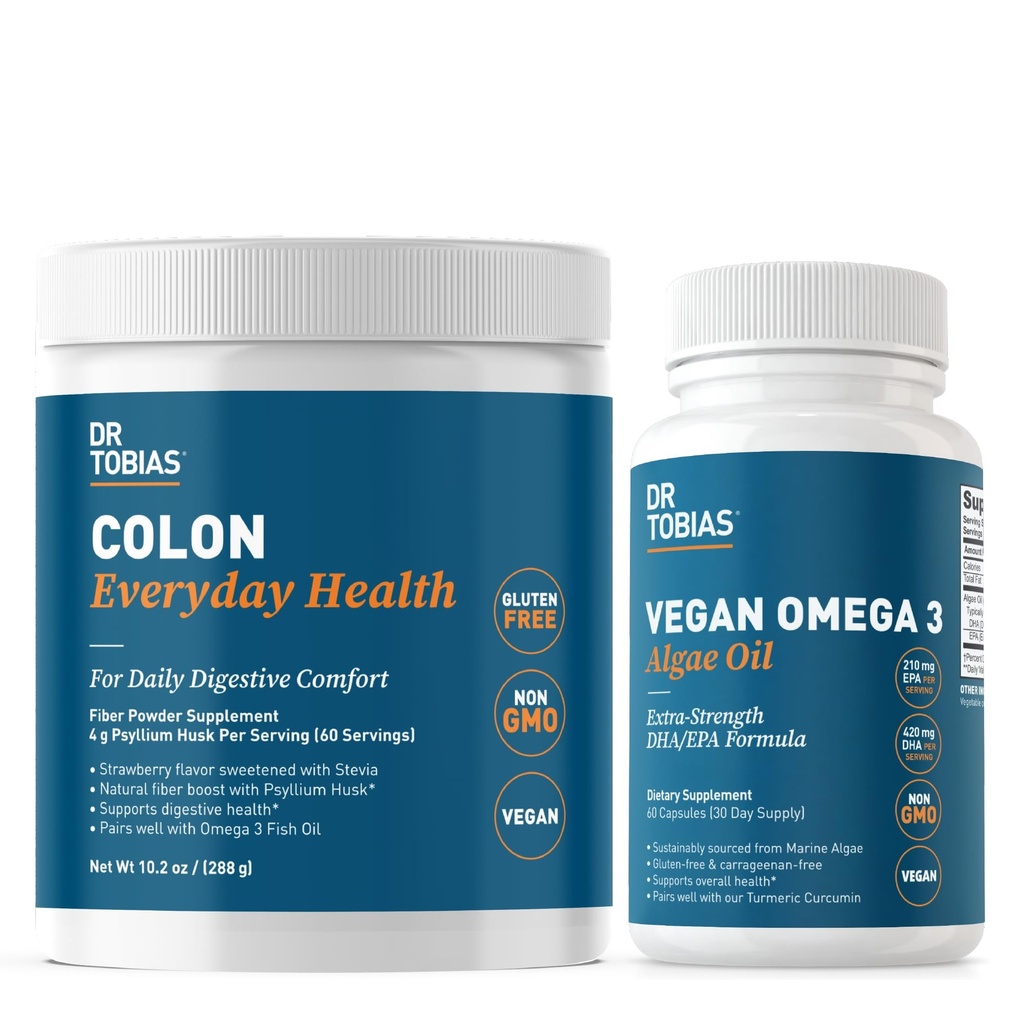 Dr. Tobias Colon Coverday Health & Vegan Omega 3 Algae Oil - Digestive Wellness and Daily Health Support with Psyllium Husk and DHA EPA Omega 3, Vegan, Non-GMO