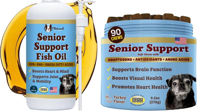 Natural Dog Company Senior Dog Bundle - Omega 3 Fish Oil Liquid 16oz & Senior Wellness Chews 90ct - Wsparcie mobilności, Mózg, Heart & Eye Health z Turmeric, Salmon, Lwie 's Mane & Omega- 3