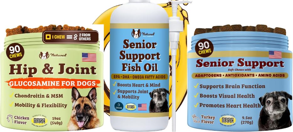 Natural Dog Company Senior Dog Bundle - Omega 3 Fish Oil 16oz + Senior Wellness Chews 90ct + Hip & Joint Chews 90ct - Joints support, Brain, Heart, Eyes, Skin & Mobility with Omega- 3s, Lion 's Mane & G