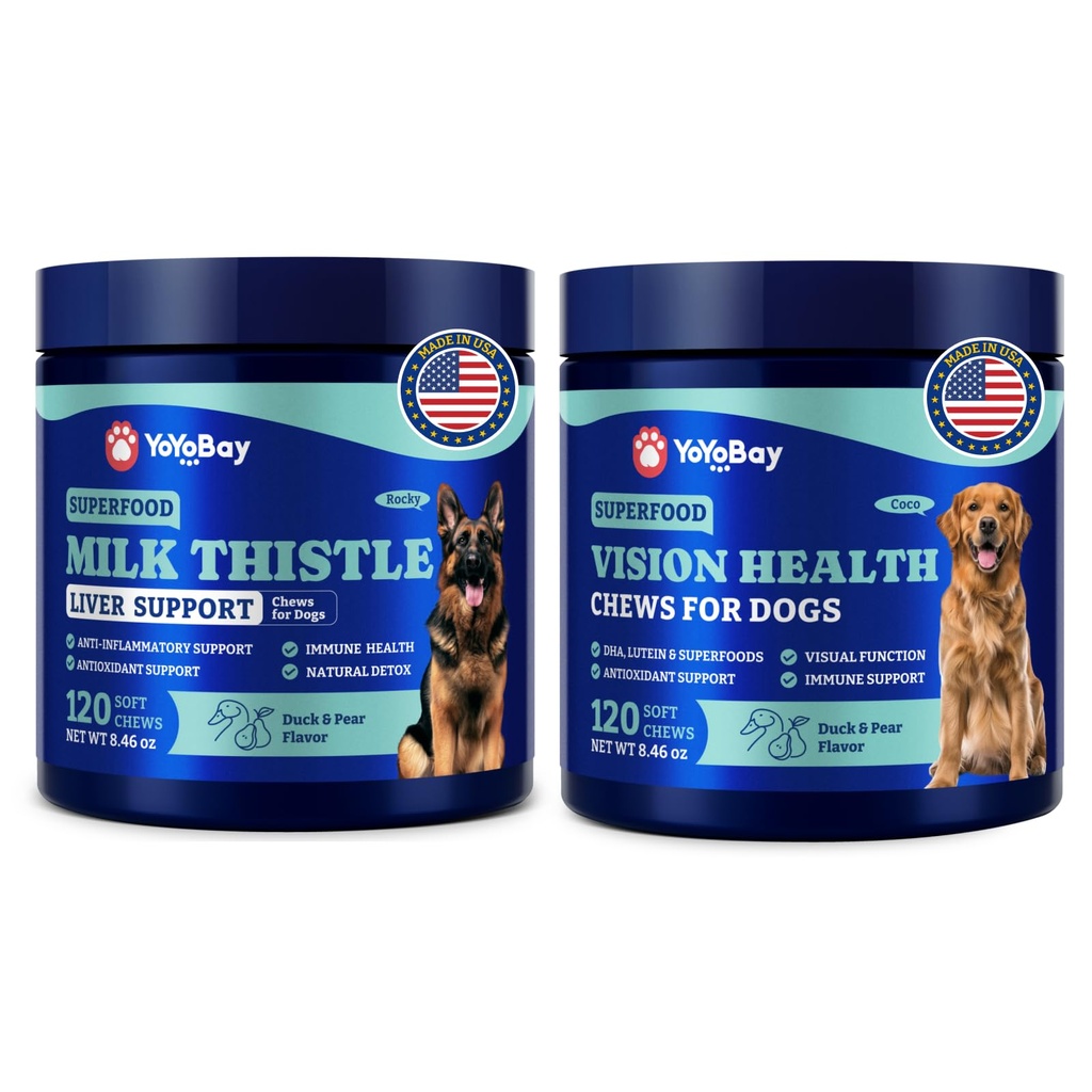 Psie oko i wątroba Wellness Bundle - Vision Support Chews with Antioksydants and Omega- 3s Plus Milk Thistle Liver Detox Chews with NAC and Curcumin - Natural Daily Health Support for Dogs of All Breeds